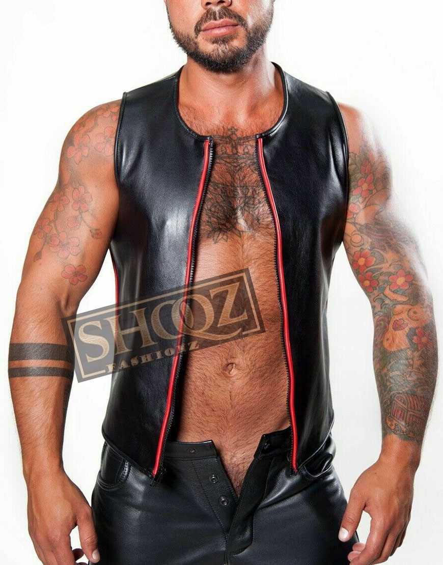 Red Piping Front Zipper Cropped Black Leder Kink Leather Vest 